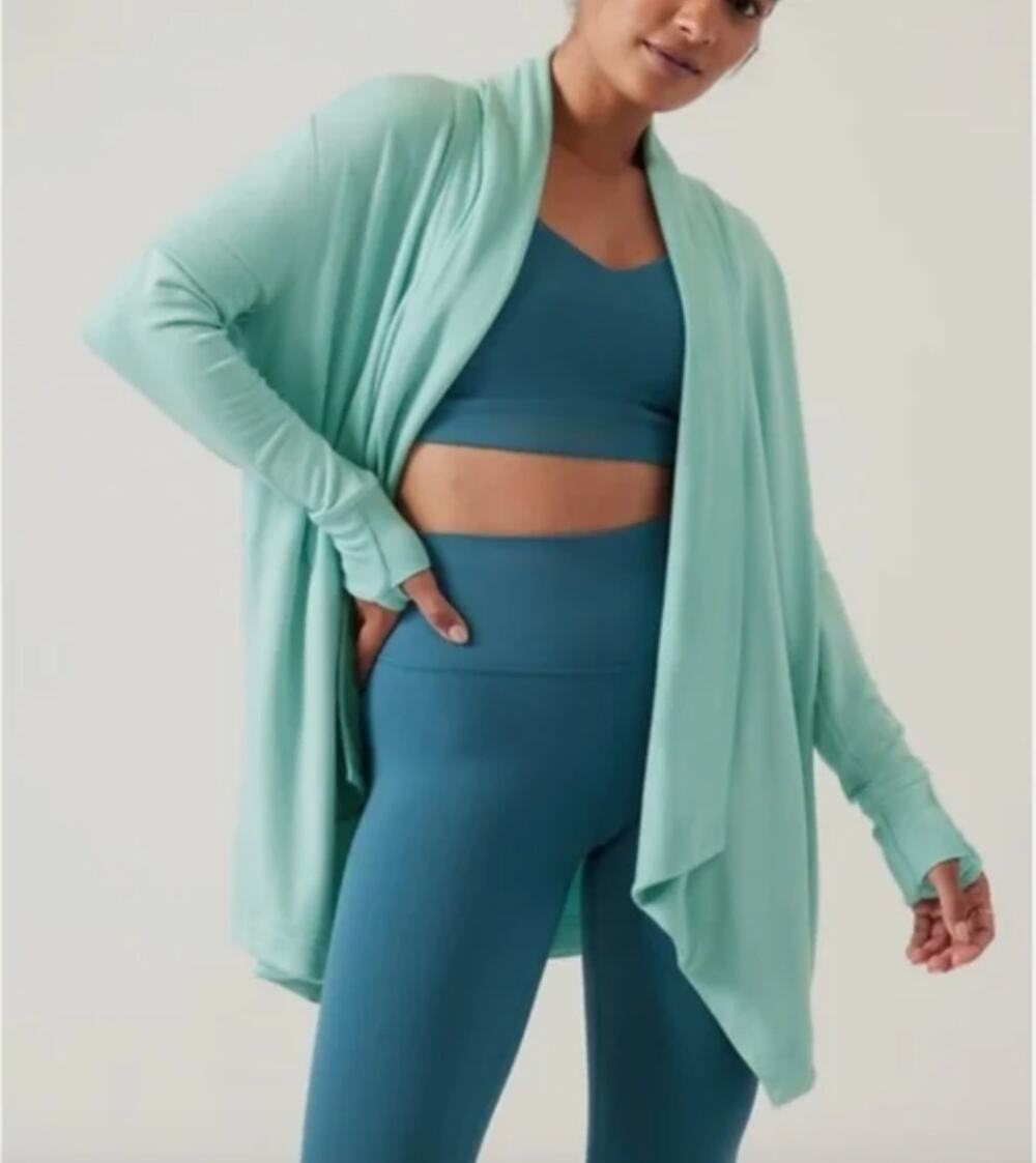 Athleta Pranayama Wrap Cardigan Aqua Light Blue Green Lagenlook Minimalist XS